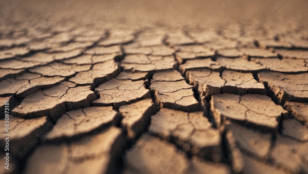 Fototapeta premium Cracked dry earth surface in an arid environment. Parched land with deep fissures. Drought-affected soil with severe cracking patterns. The dry, cracked soil landscape.