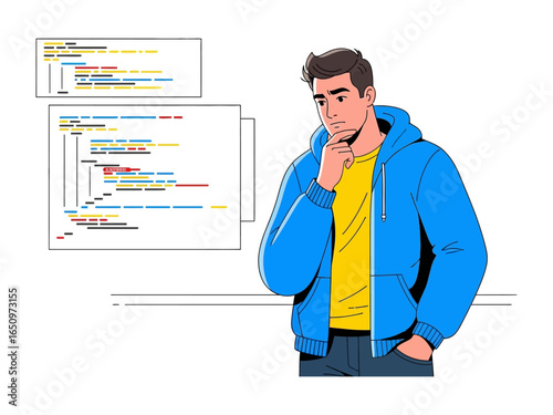 The Code Master: A young man, head in deep contemplation, surrounded by intricate coding, representing the challenges and triumphs of the programming world, a scene of thoughtful creation.