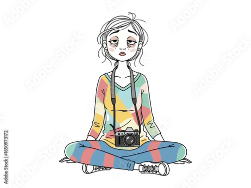 Weary Photographer's Moment: A young, seated photographer appears exhausted, cross-legged with a vintage camera resting. A candid portrayal of the demanding art form.