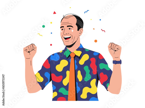 Celebrating Man with Enthusiasm: An illustration of an enthusiastic man, arms raised in a celebratory gesture amidst a shower of confetti, embodying joy and excitement.