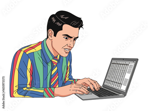 Overwhelmed by the Data: A determined individual intently focuses on his laptop's complex spreadsheets, facing the pressure of data analysis.