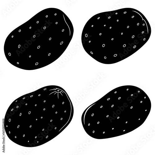 Four black and white potatoes with small spots arranged on a white background in a simple illustration