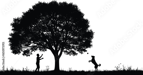 Silhouette of child playing fetch with dog under large tree, grassy field, outdoor nature scene, pet and kid activity concept