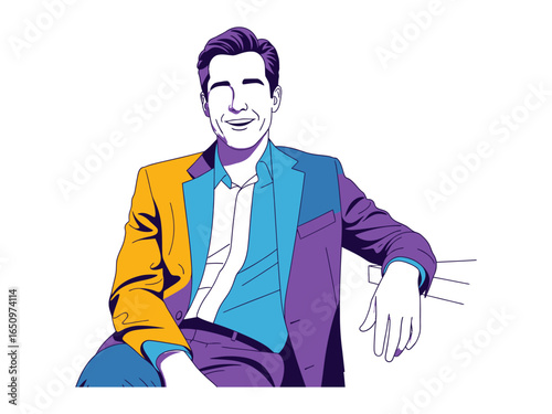 Stylish Portrait: An elegant male is seated, radiating confidence and charm with a vibrant, multicolored suit in a clean, artistic rendering.