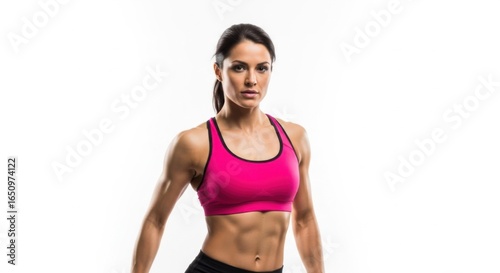 Athletic Woman Wearing Pink Sports Bra Standing in Studio with White Background