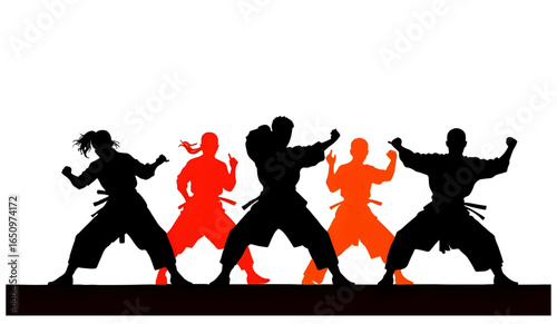 Silhouettes of martial artists in dynamic poses against a vibrant orange sun, representing combat and discipline