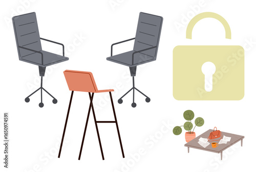 Office chairs, a bar stool, a padlock symbol, and a table with a plant, bag, and documents. Ideal for workspace design, security concepts, minimalism office culture safety organization modern