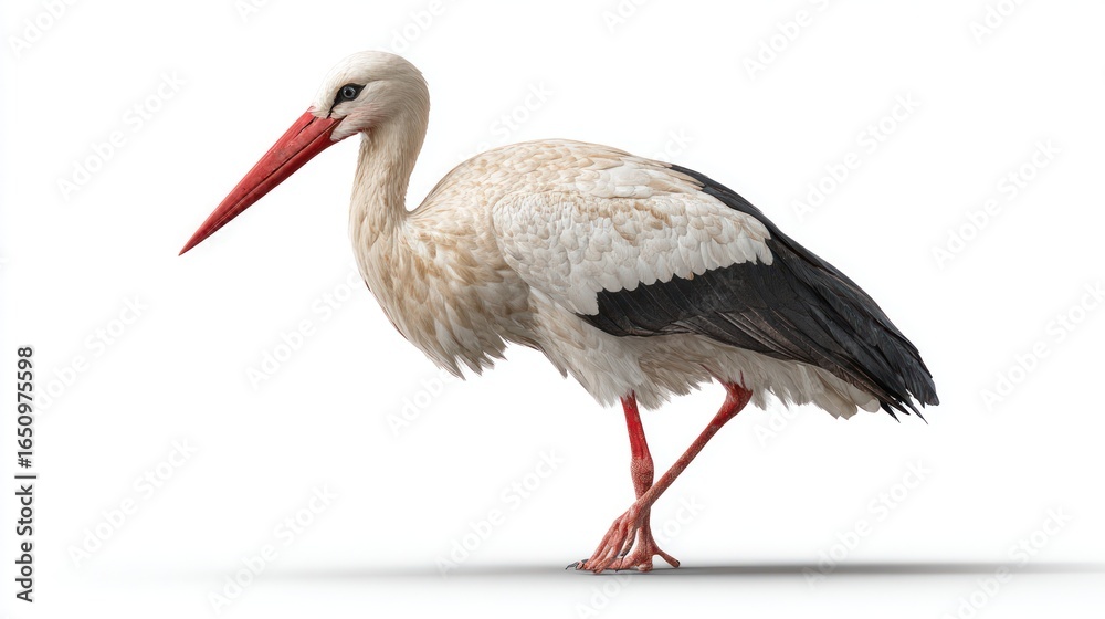 Fototapeta premium Stork standing in profile with long beak and legs, isolated against a white background