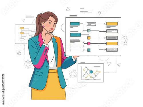 Strategic Insights: A business professional meticulously analyzes a complex flowchart, envisioning pathways to innovative solutions and data-driven strategies.