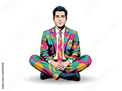 Meditative Man: A vibrant illustration of a stylish individual in a colorful suit sitting cross-legged in a meditative pose, signifying peace and introspection.