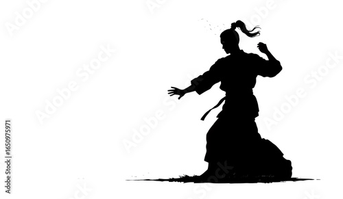 Group of ninjas in action poses, silhouetted in black and orange against a white background, representing martial arts and combat skills