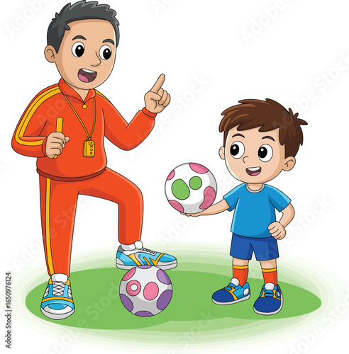 Cartoon coach teaching young boy soccer skills, kids football lesson, fun outdoor sports training, cartoon character, teamwork, and learning