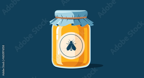 Delicious natural sweetener honey in a jar with fly emblem isolated on blue background