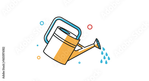 Gardening equipment water can pouring liquid water droplets blue