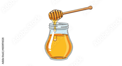 Golden sweet honey pouring from wooden dipper into glass jar for healthy eating