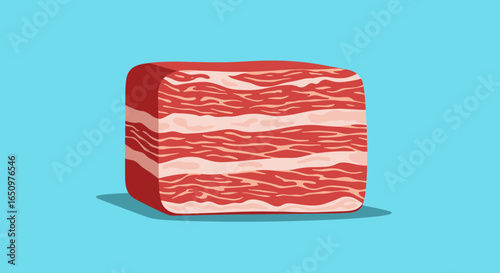 Raw sliced beef meat cube texture close up side view on blue background