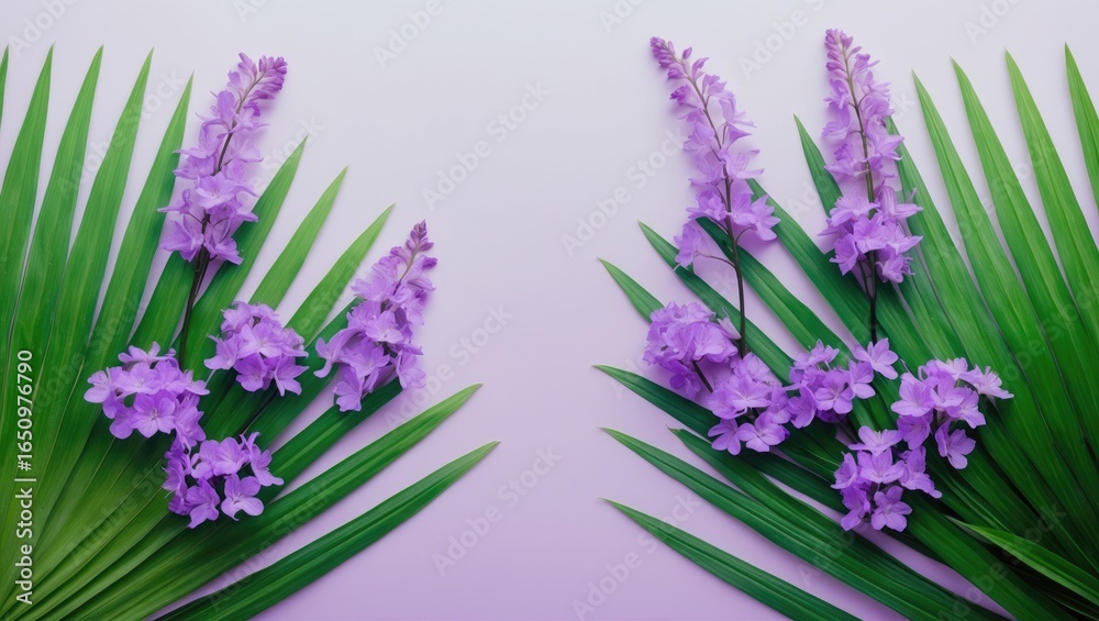 Obraz premium Purple flowers with green palm leaves arranged on a light background.