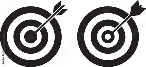 Two Black Target Icons With Arrows Hitting The Center On White Background dartboard bullseye