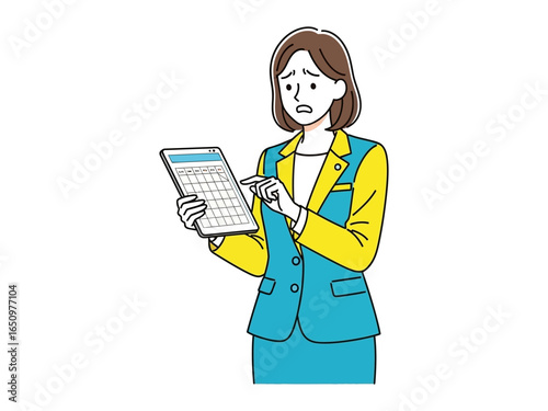 Concerned Professional: A focused business professional in smart attire is seen contemplating a detailed document on a digital tablet. She has a look of deep concern and a brow of worry.