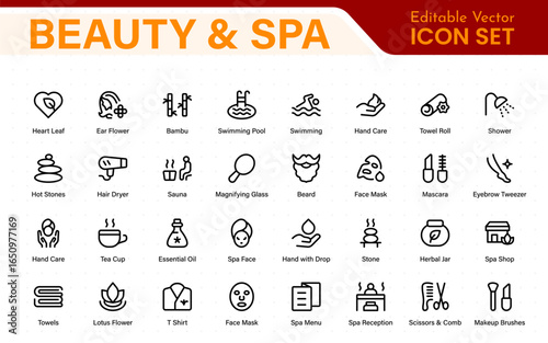 Beauty and spa outline icon set. Includes skincare, wellness, facial treatments, massage therapy, aromatherapy, cosmetics, grooming tools, and salon essentials.