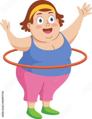 Cartoon plus size woman, hula hoop exercise, fitness activity, healthy lifestyle, joyful movement, body positivity, energetic workout, fun illustration