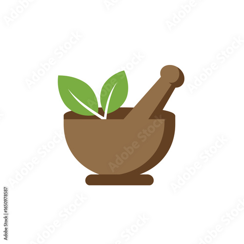 Mortar and Pestle with Green Leaves for Herbal Medicine and Natural Remedies Illustration Symbolizing Holistic Health and Wellness Isolated on White