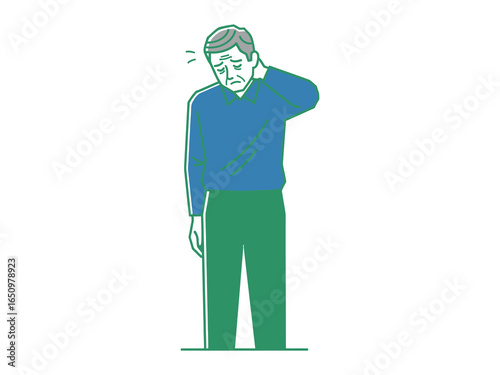 Aging Man in Pain: An elderly man stands, embodying physical strain with a hand cradling his neck, his expression hinting at the wear and tear of life's journey.