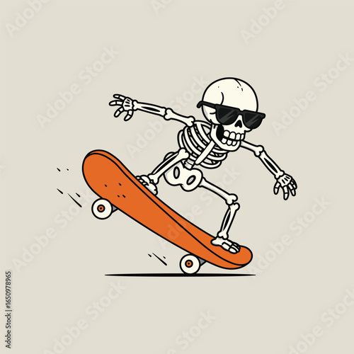 Skateboarder Skeleton with Sunglasses Performing Tricks Vector Illustration Graphic Design For Apparel and Merchandise Halloween Inspired Imagery