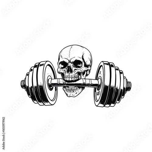 Skull Lifting Dumbbell Monochrome Illustration for Strength and Mortality Concepts Depicting Power Endurance and the Limits of Human Existence on White Background