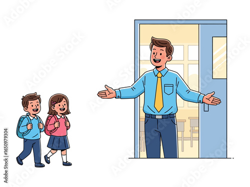 The Teacher's Warm Welcome: A welcoming teacher greets two young students, setting the stage for learning and growth in this vivid illustration.