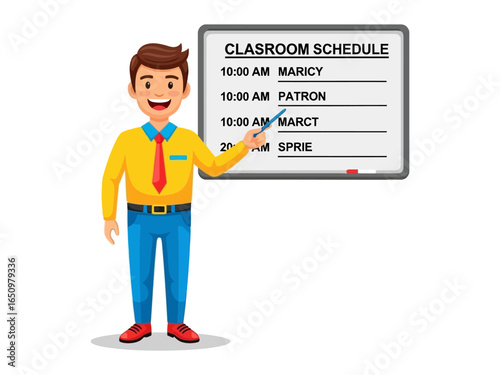 Teacher Presenting Class Schedule: A friendly educator stands before a whiteboard displaying a class schedule, engaging and informing, perfect for educational projects and school-related media.