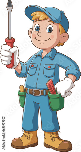 Cartoon handyman character, holding screwdriver, smiling worker, blue uniform, construction tools, repair service, tool belt, professional mechanic, kids illustration