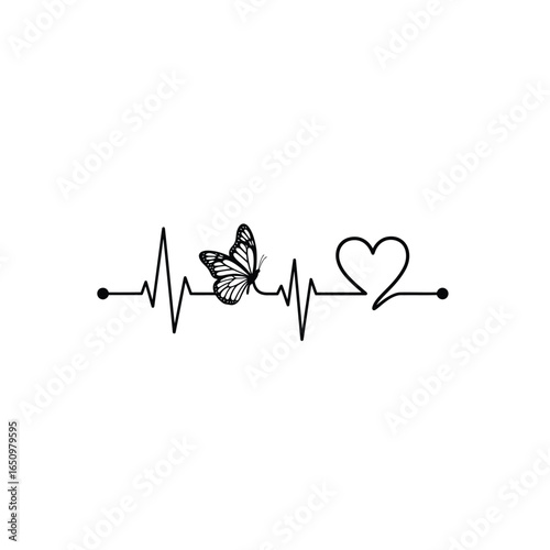 Butterfly resting on a heartbeat line leading to a heart symbol representing life and transformation in vector format