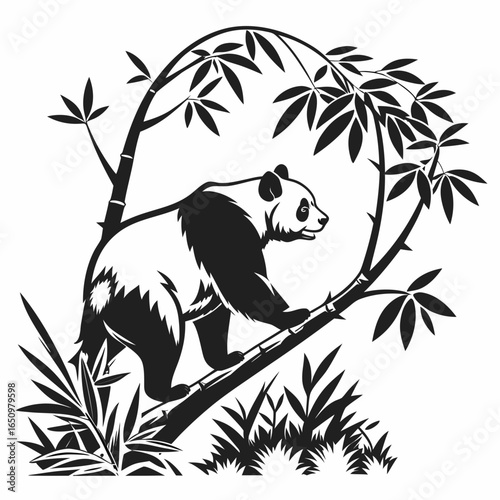 Panda climbing bamboo branches nature black and white