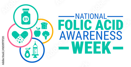 National Folic Acid Awareness Week background, banner, card or poster design template is observed every year during September, to raise awareness about the mission. Vector illustration.