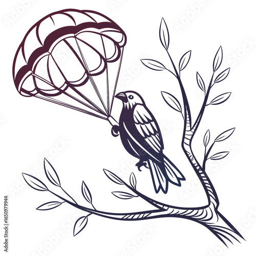 Bird holding parachute on branch leaves skydiving