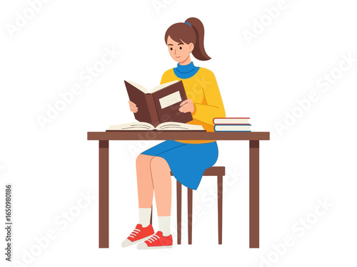 Young Girl Reading at a Table: A young girl is engrossed in a book at a wooden table. Sunlight streams through the window, casting a warm glow on the scene. A moment of quiet study and learning.