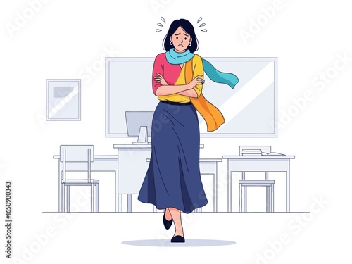 Embarrassed Woman in Classroom: A woman, wrapped in a scarf, expresses visible embarrassment, standing in a classroom.