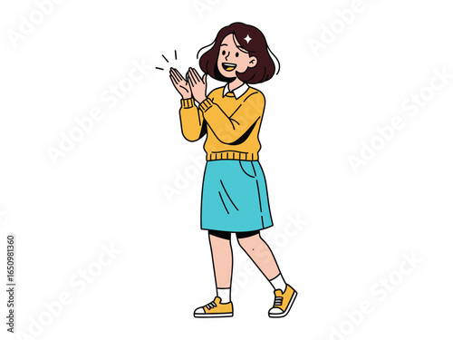 Enthusiastic applause: a cheerful young woman enthusiastically claps, celebrating the moment with a wide smile, filled with happiness.