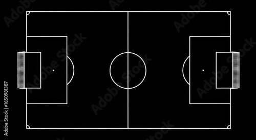 Soccer Field Top View with Goal Areas in Bright White Lines on Black Background