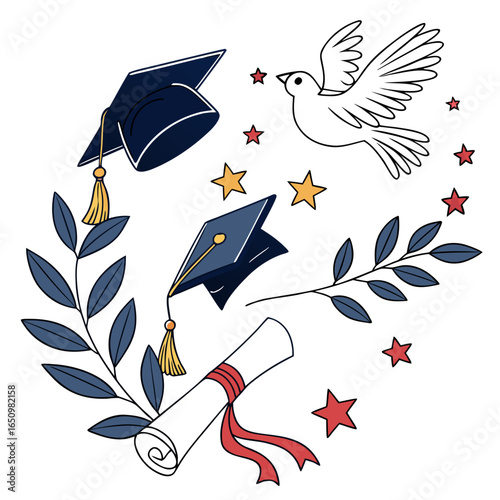 Graduation caps diploma laurel branches dove and stars