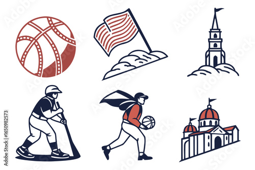 Collection of american sports and landmarks icons