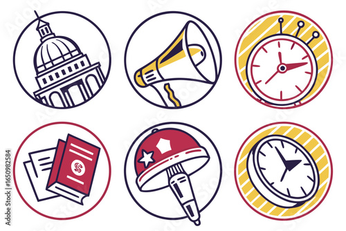 Set of icons representing government, protest, and time