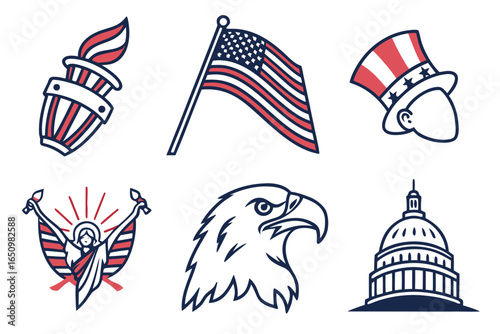 Collection of american patriotic symbols and icons isolated on white background