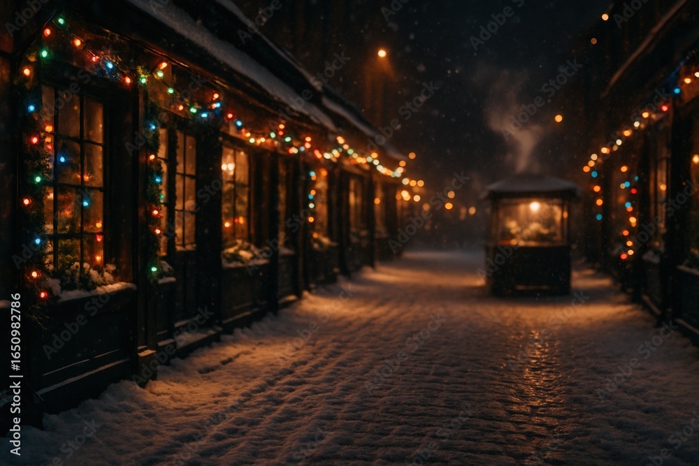 Fototapeta premium Cozy winter night in snowy street with festive lights and warm glow