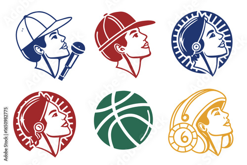 Collection of stylized profile portraits and icons