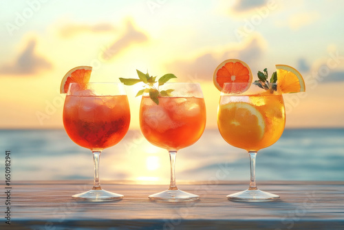 Citrus spritz trio with coastal sunset backdrop