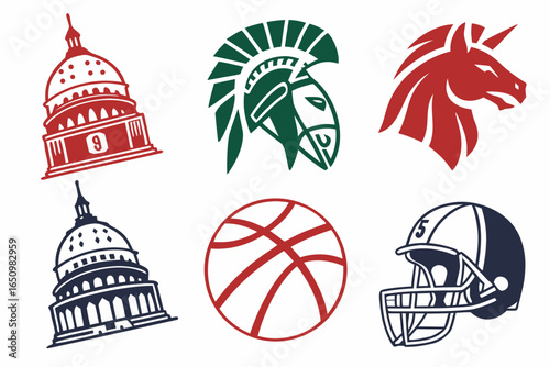 Collection of iconic symbols including capitol buildings, helmet, and basketball