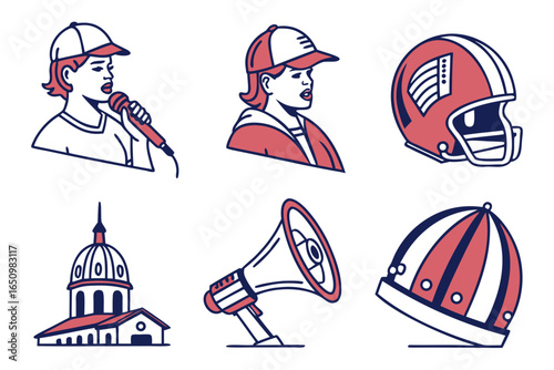 American football fan icons with megaphone, helmet, and stadium