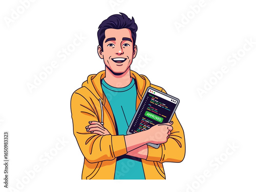 Digital Architect: A youthful developer, beaming with confidence, clutches a tablet showcasing lines of code, symbolizing innovation and the essence of the tech era.